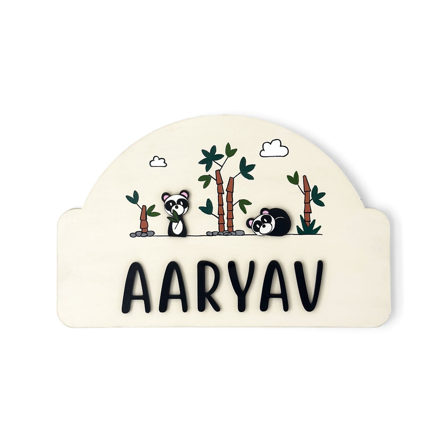 Panda Themed Hand-Painted Wooden Arch-Shaped Kids Name Plate
