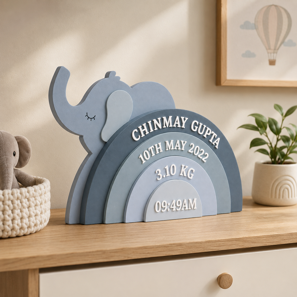 Elephant Themed Hand-Painted Wooden Personalised Baby Birth Details Name Plate