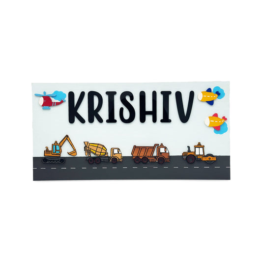 Construction Vehicles Themed Hand-Painted Wooden Kids Name Plate - Light Blue