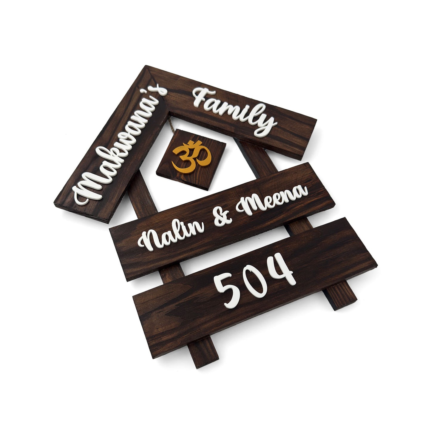 House With Roof And Double Plank Hand-Painted Wooden Hut-Shaped Name Plate For Home - Wooden Finish