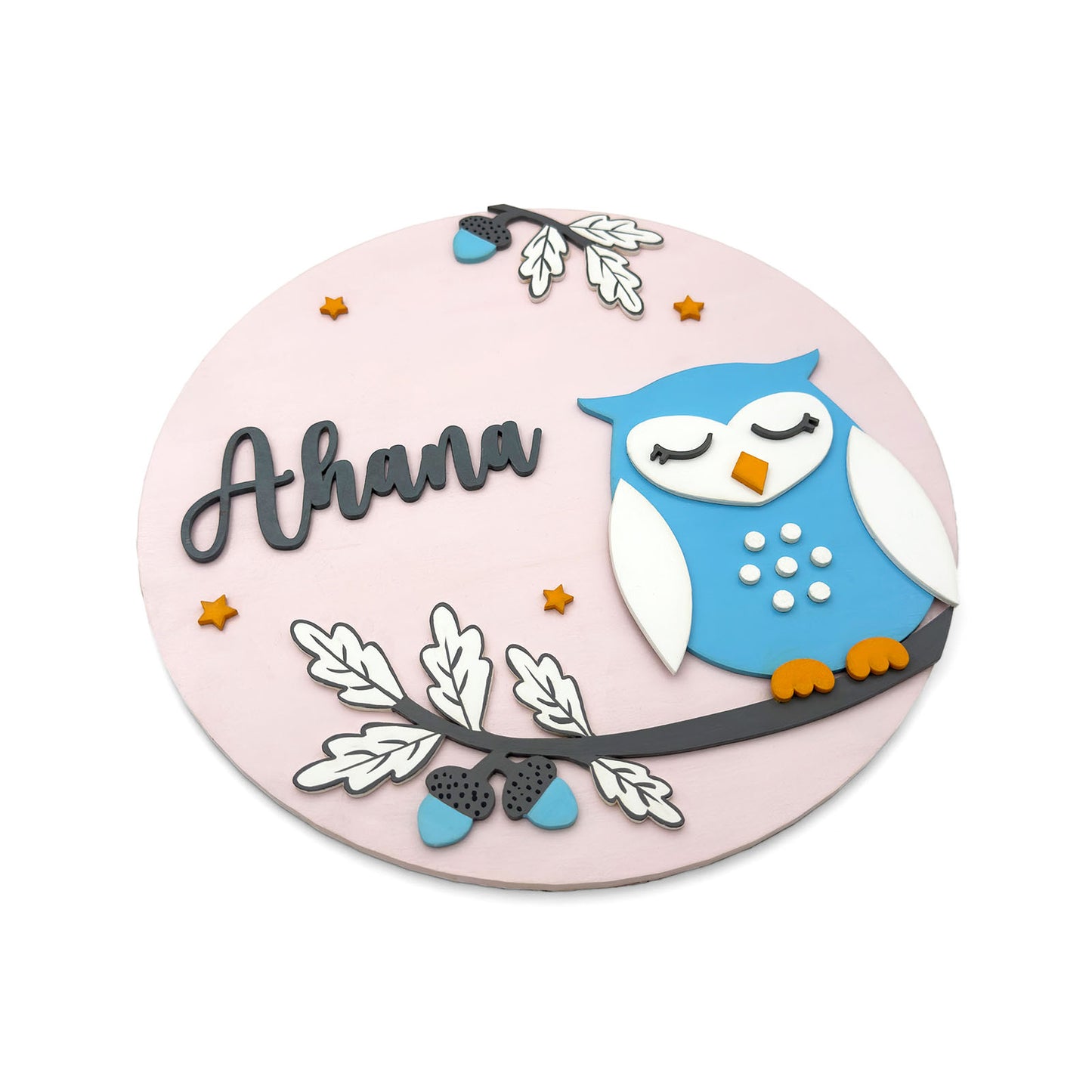 Owl Themed Hand-Painted Wooden Round Kids Name Plate
