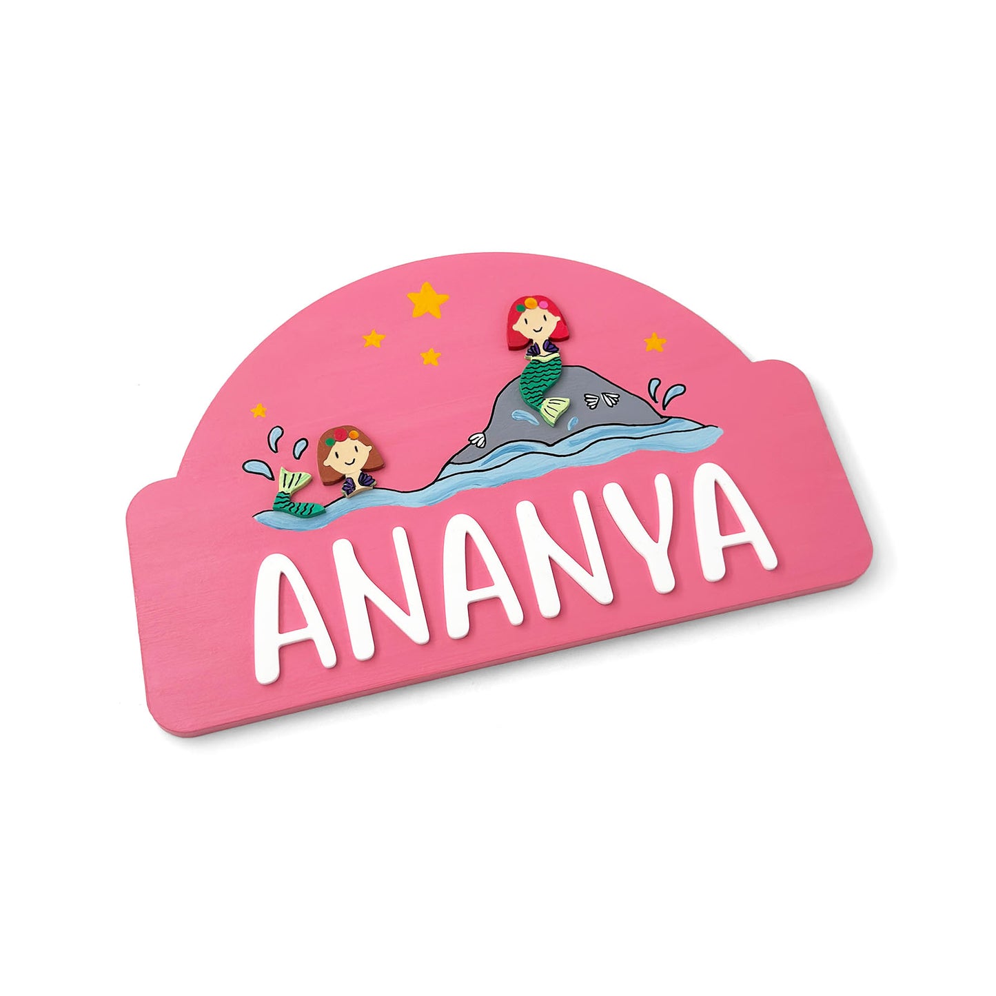 Mermaid Themed Hand-Painted Wooden Arch-Shaped Kids Name Plate