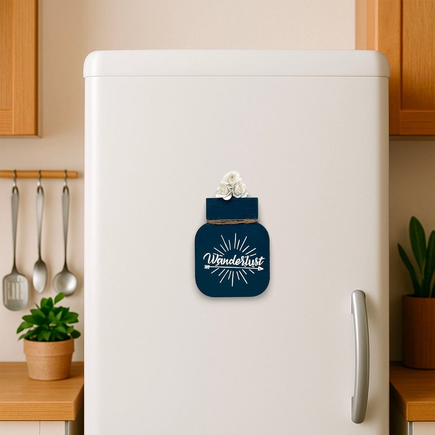 Wanderlust Hand-Painted Wooden Mason Jar Fridge Magnet - Dark Blue