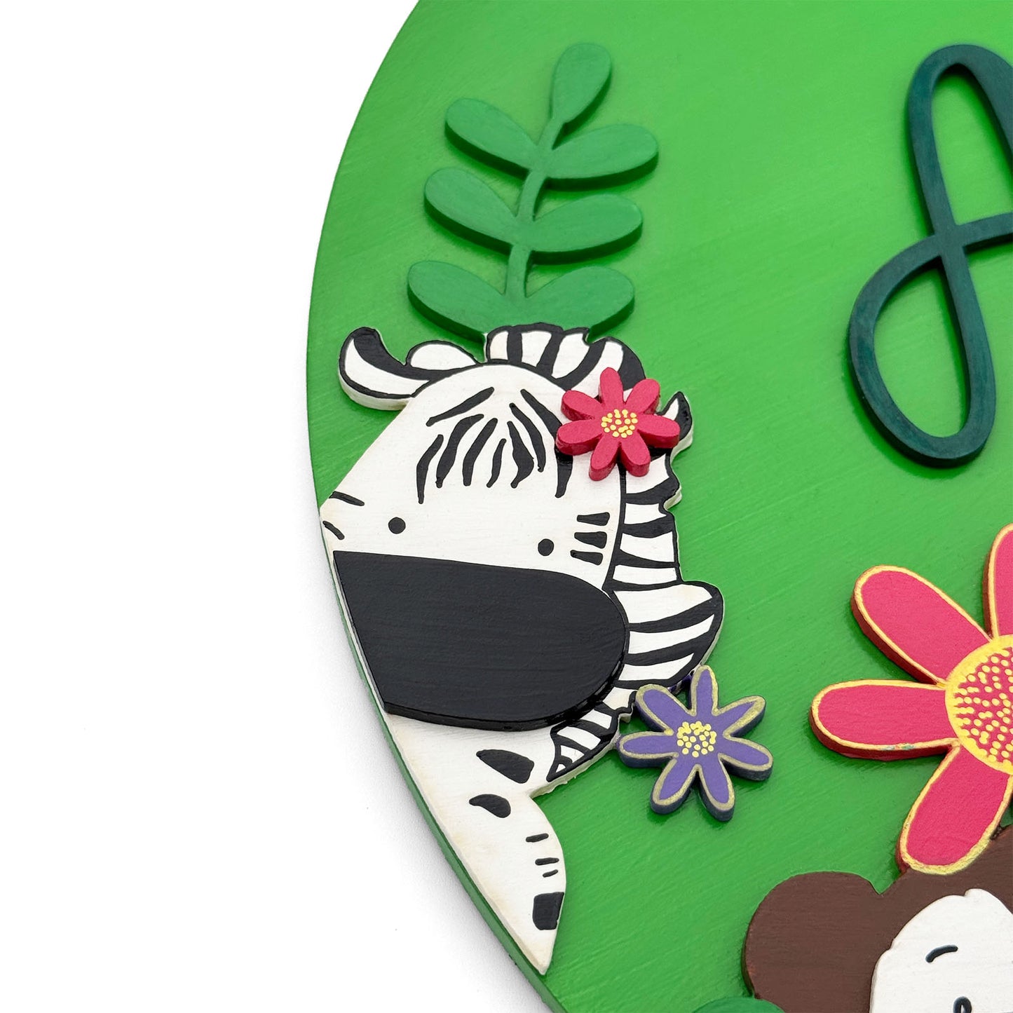 Animal Themed Hand-Painted Wooden Round Kids Name Plate - Design 2