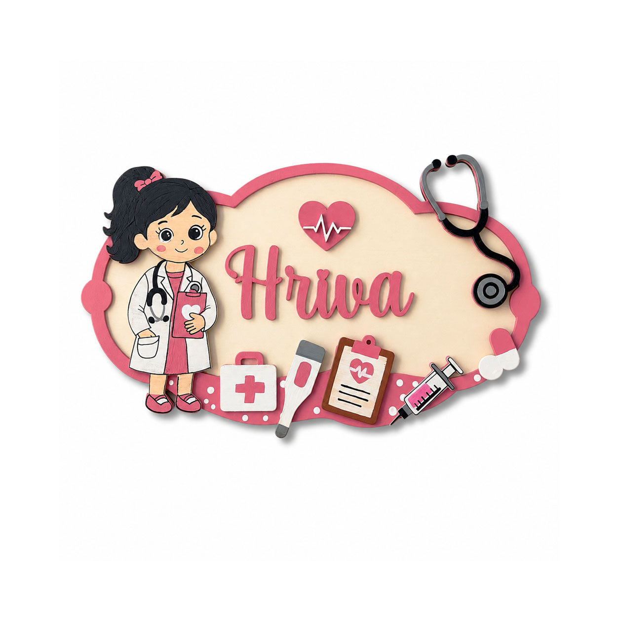 Girl Doctor Themed Hand-Painted Wooden Kids Name Plate - Design 1