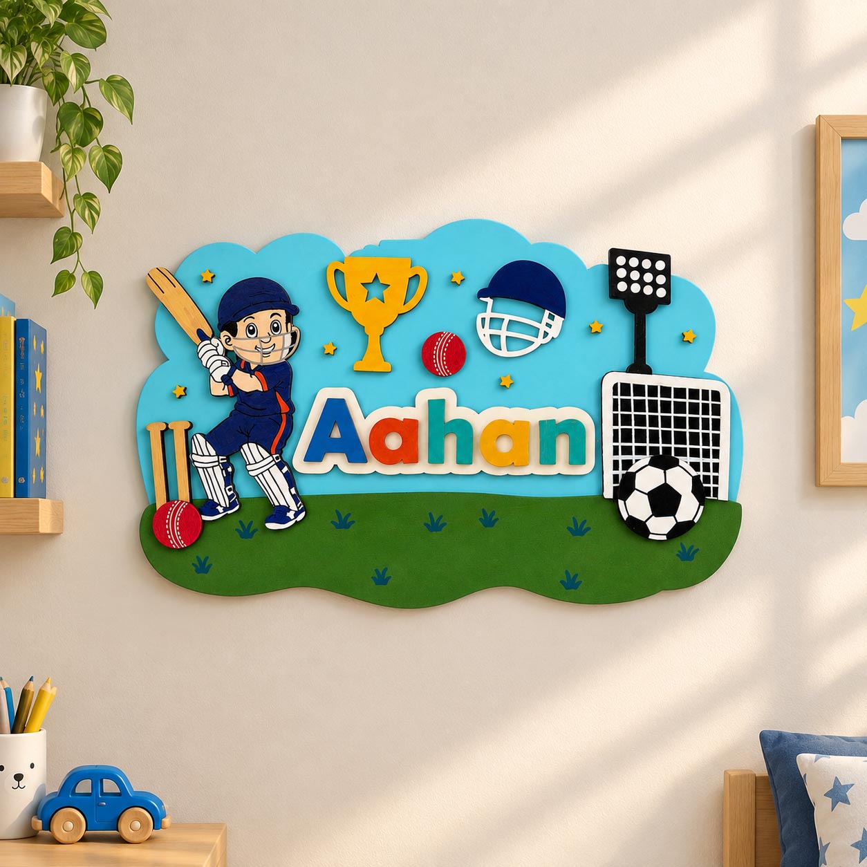 Football & Cricket Themed Hand-Painted Wooden Scalloped Cloud Kids Name Plate - Design 1