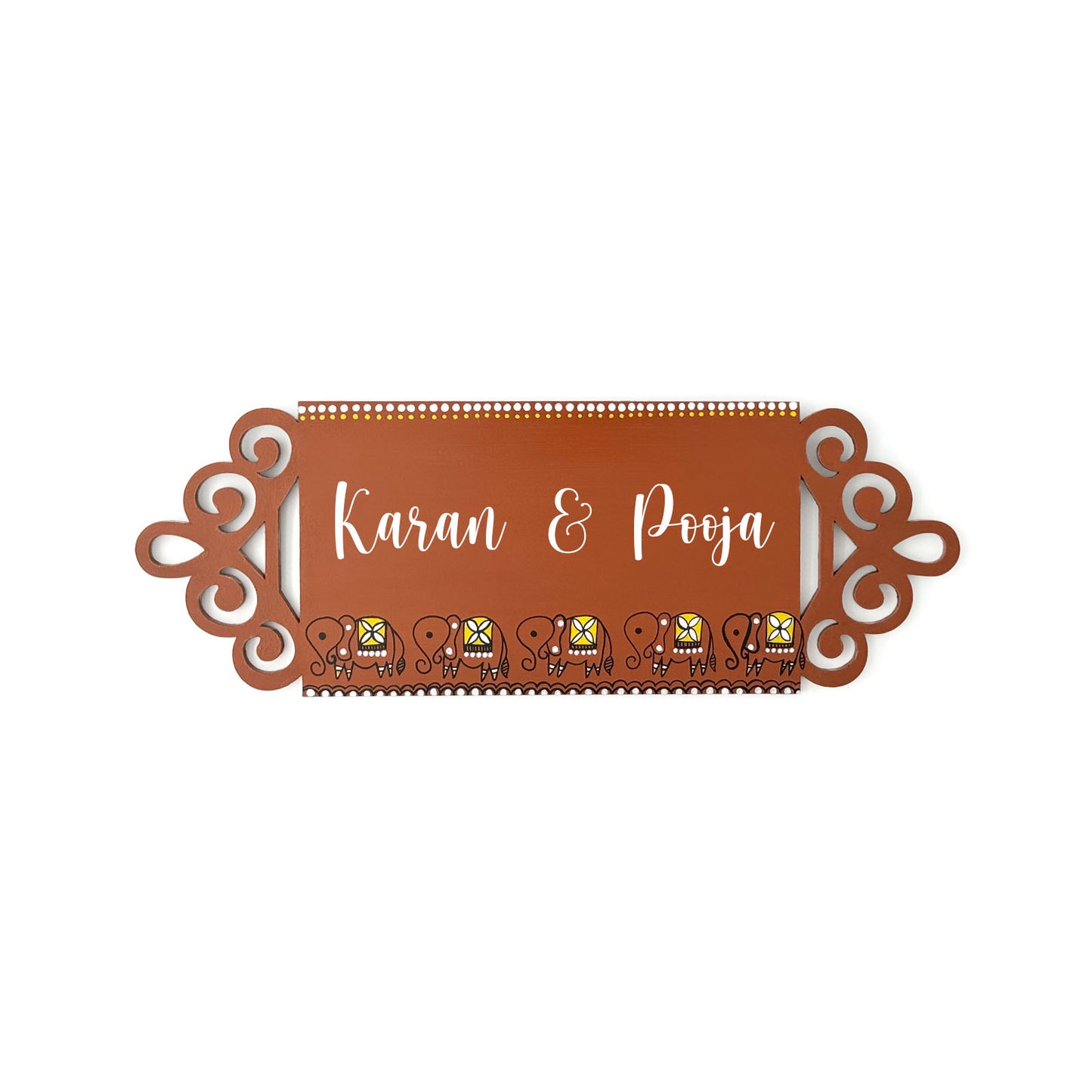 Elephant Artwork Hand-Painted Wooden Madhubani Name Plate For Home