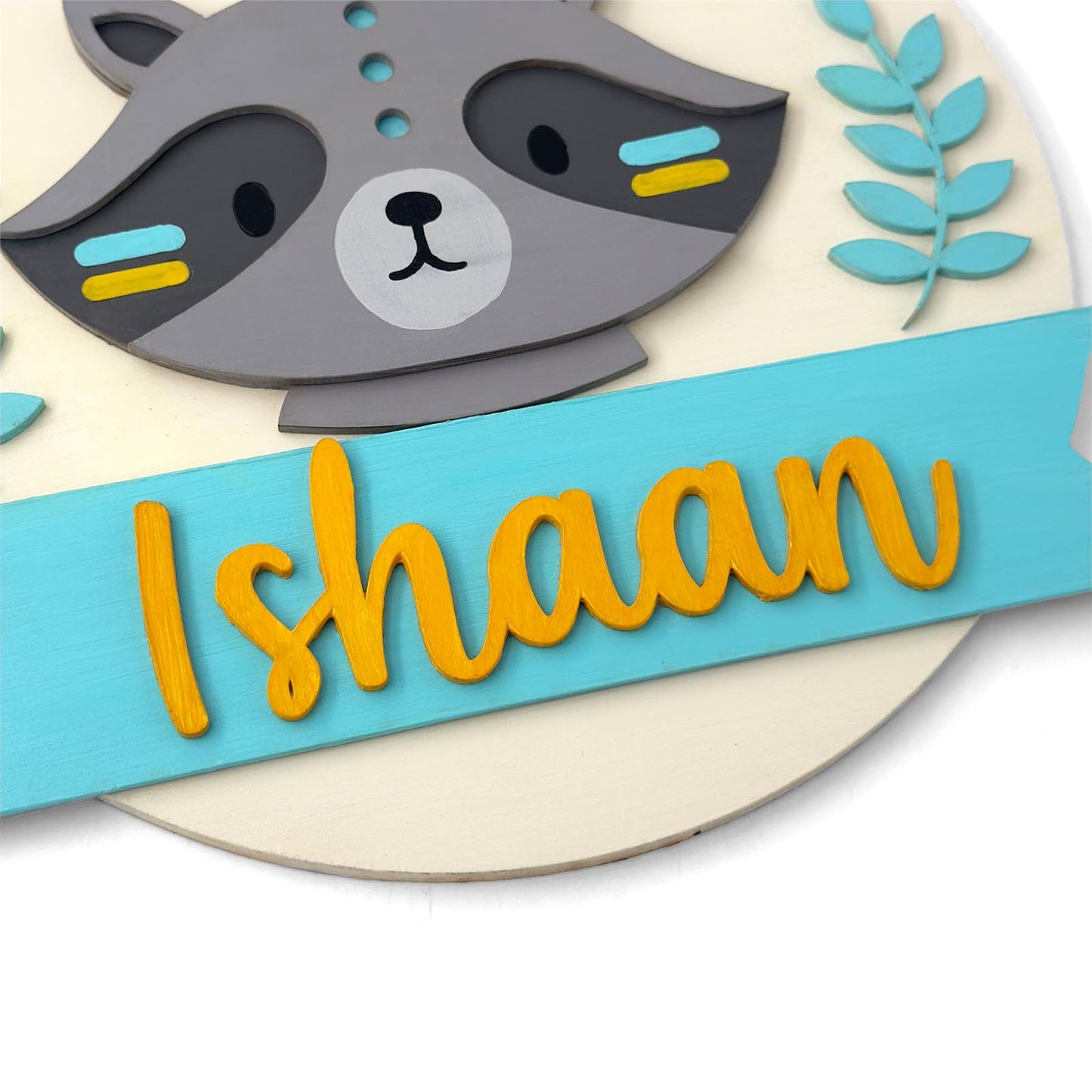 Racoon Themed Hand-Painted Wooden Round Kids Name Plate - Design 1