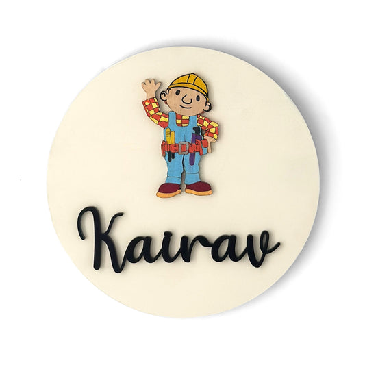 Bob The Builder Themed Hand-Painted Wooden Name Plate For Kids
