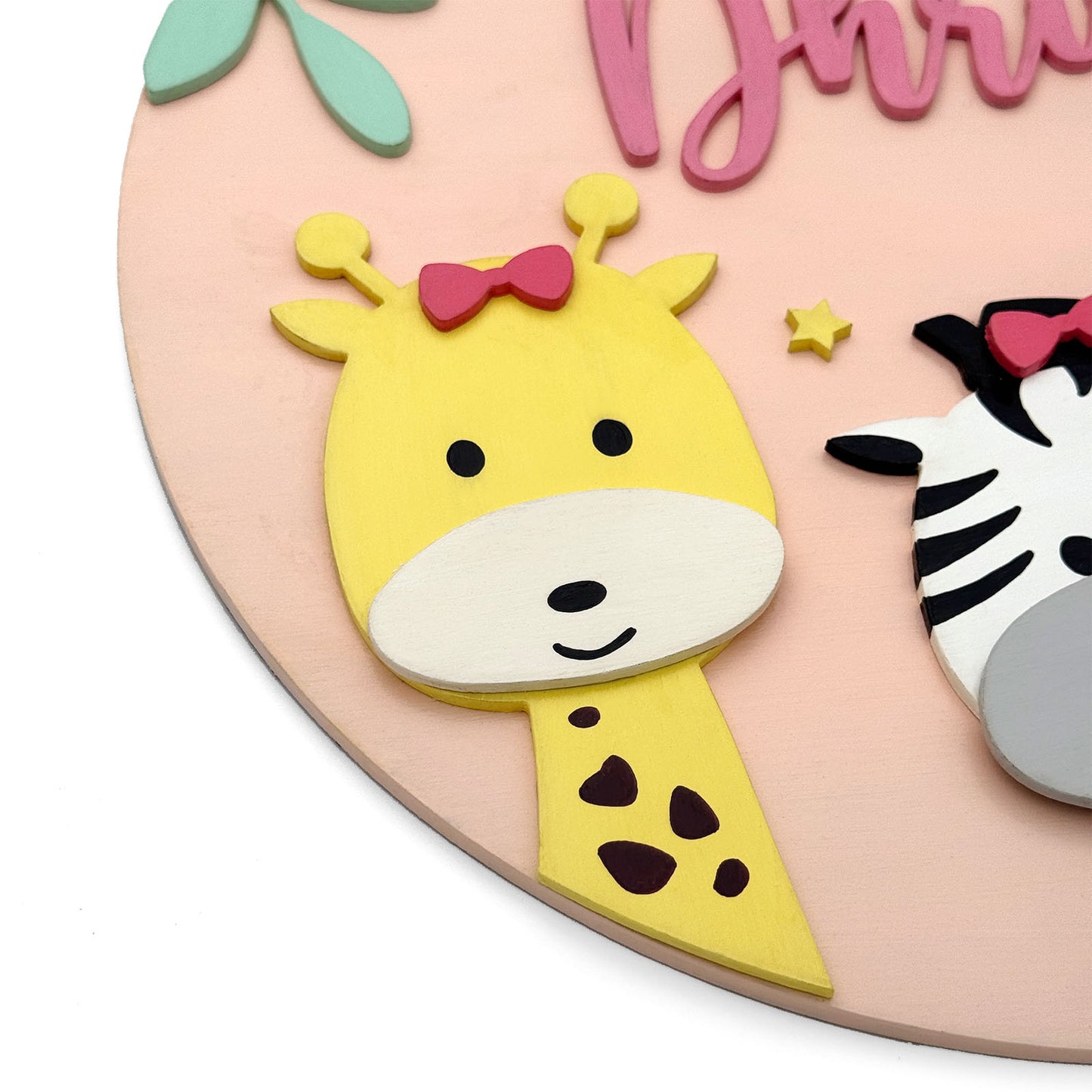 Animal Themed Hand-Painted Wooden Round Kids Name Plate - Design 1
