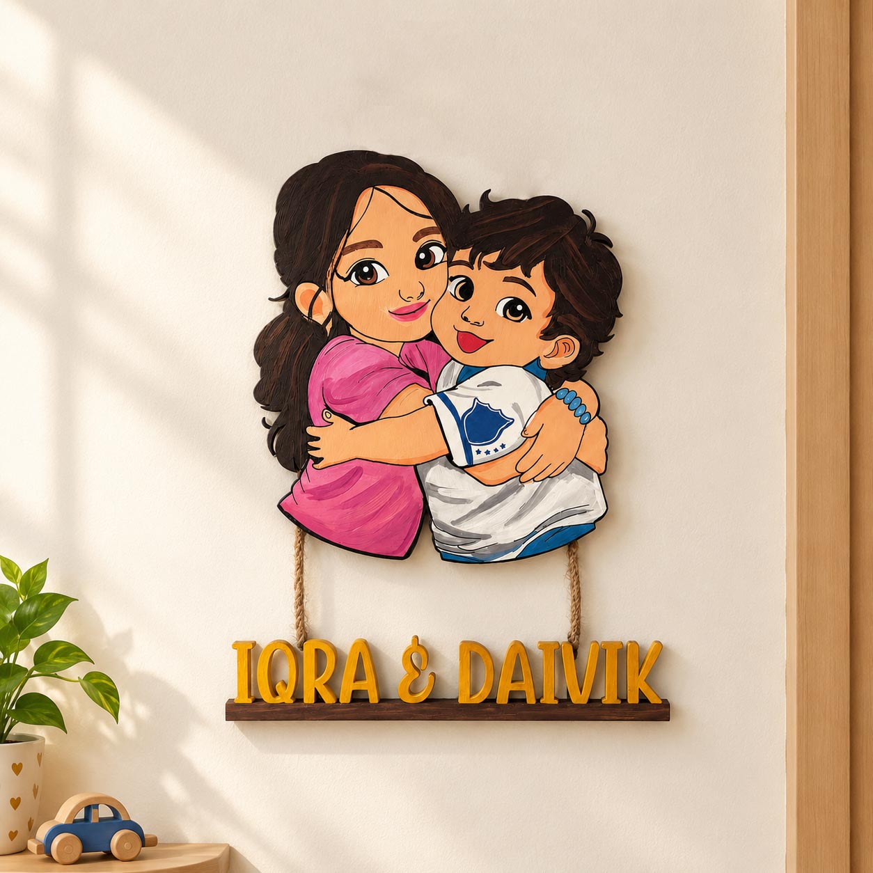 Siblings Brother Sister Themed Hand-Painted Wooden Kids Name Plate - Design 2