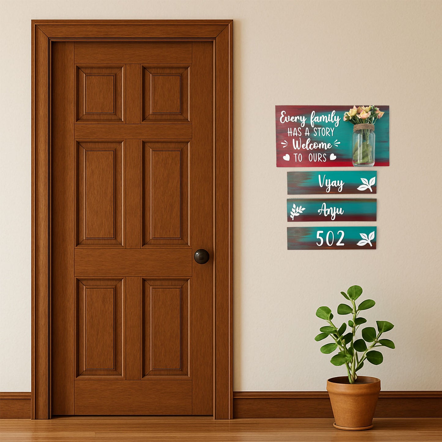 Every Family Has A Story Welcome To Ours Hand-Painted Wooden Name Plate With Jar For Home - Jar Board & Three Planks