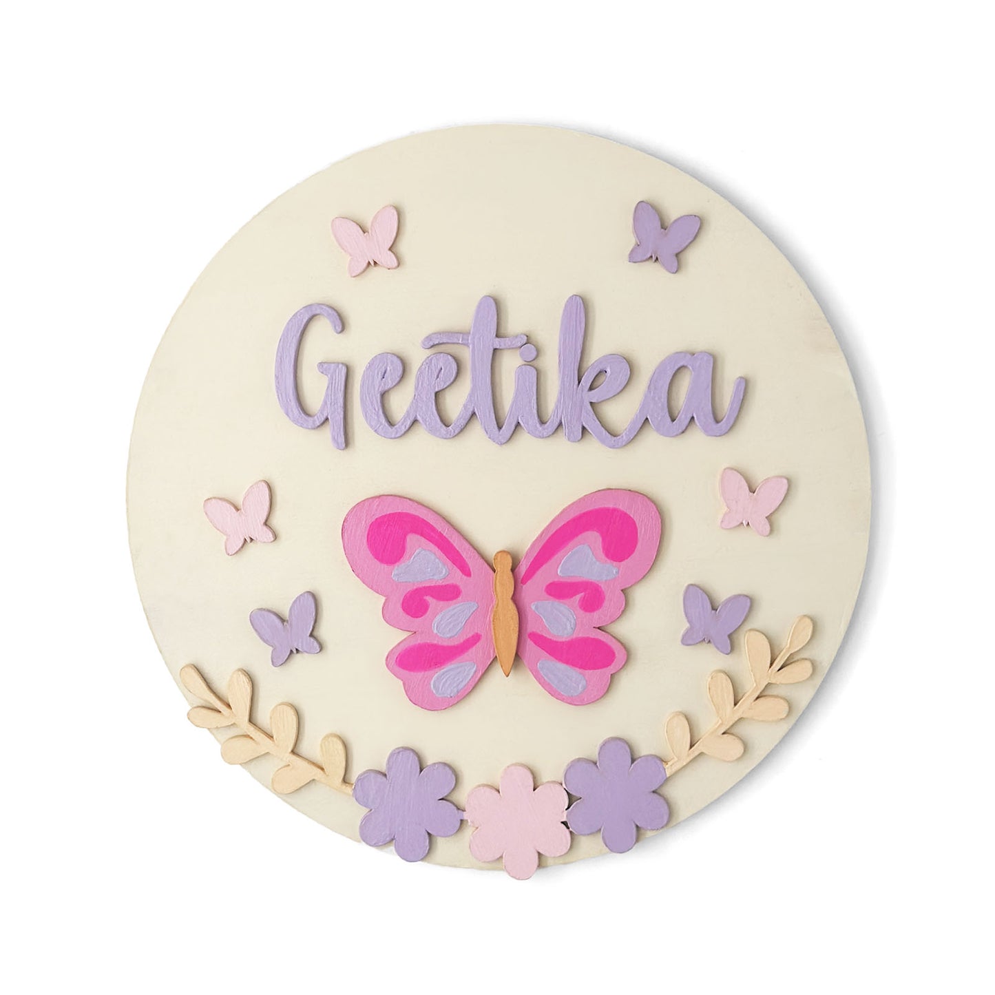 Butterfly & Flower Themed Hand-Painted Wooden Round Kids Name Plate - Design 2
