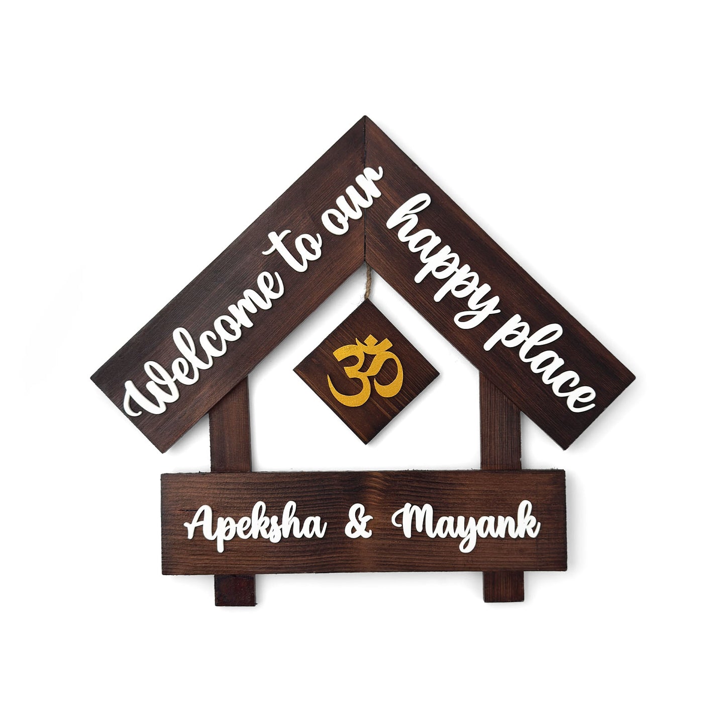 House With Roof And Single PlankHand-Painted Wooden Hut-Shaped Name Plate For Home - Wooden Finish