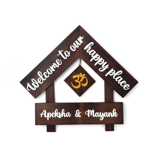 House With Roof And Single PlankHand-Painted Wooden Hut-Shaped Name Plate For Home - Wooden Finish