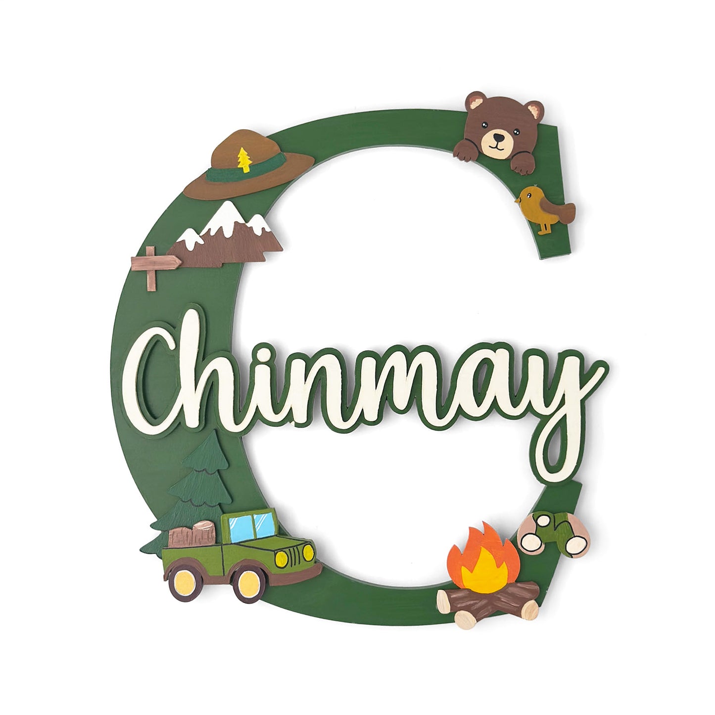 Jungle Safari  Themed Layered Alphabet Initial Hand-Painted Wooden Kids Name Plate Design 1