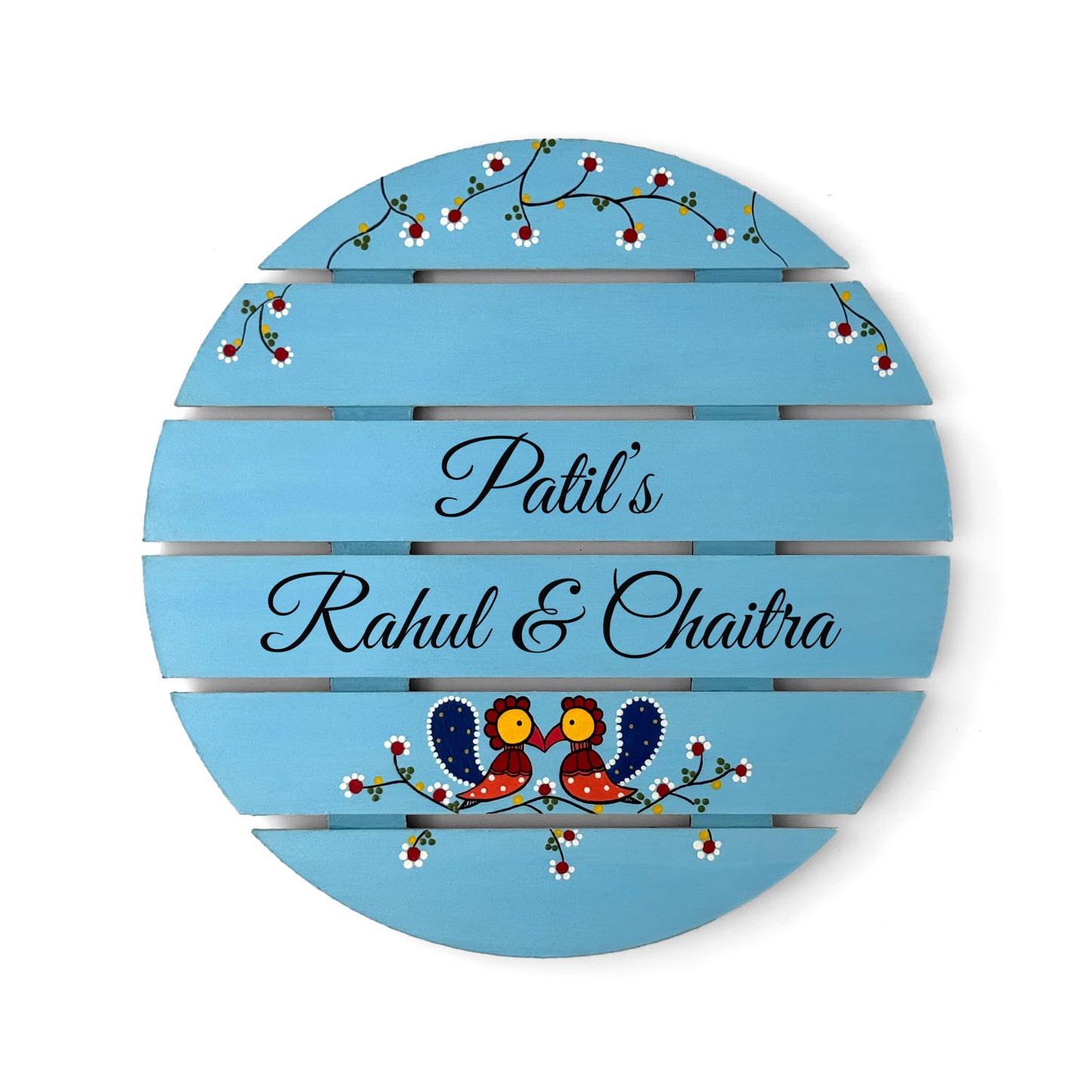 Peacock Artwork Hand-Painted Wooden Madhubani Round Name Plate For Home