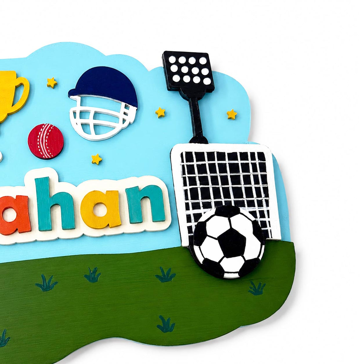 Football & Cricket Themed Hand-Painted Wooden Scalloped Cloud Kids Name Plate - Design 1