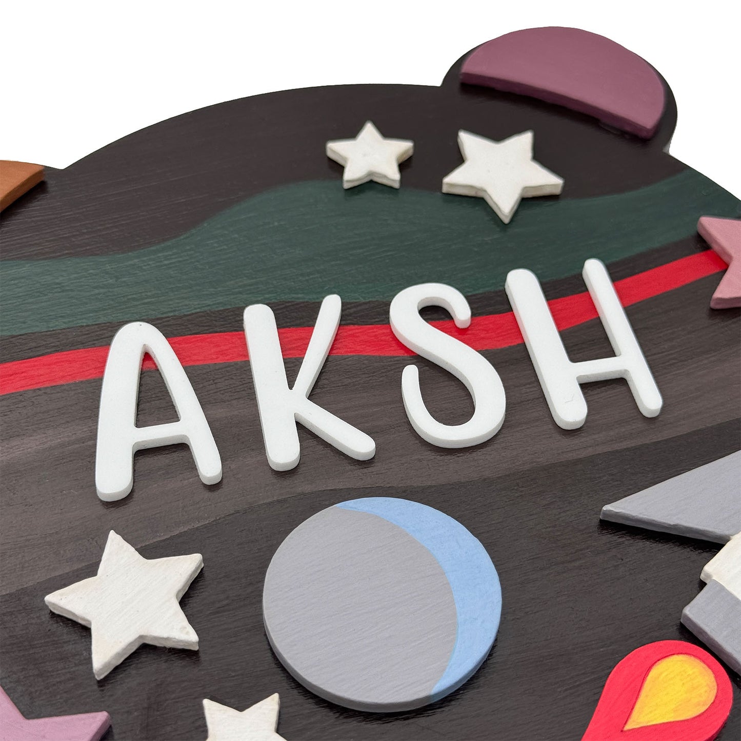 Space Themed Hand-Painted Wooden Kids Name Plate - Brown