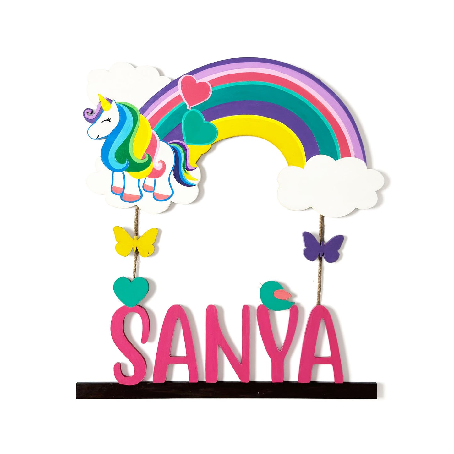 Unicorn Themed Hand-Painted Wooden Kids Name Plate - Design 2