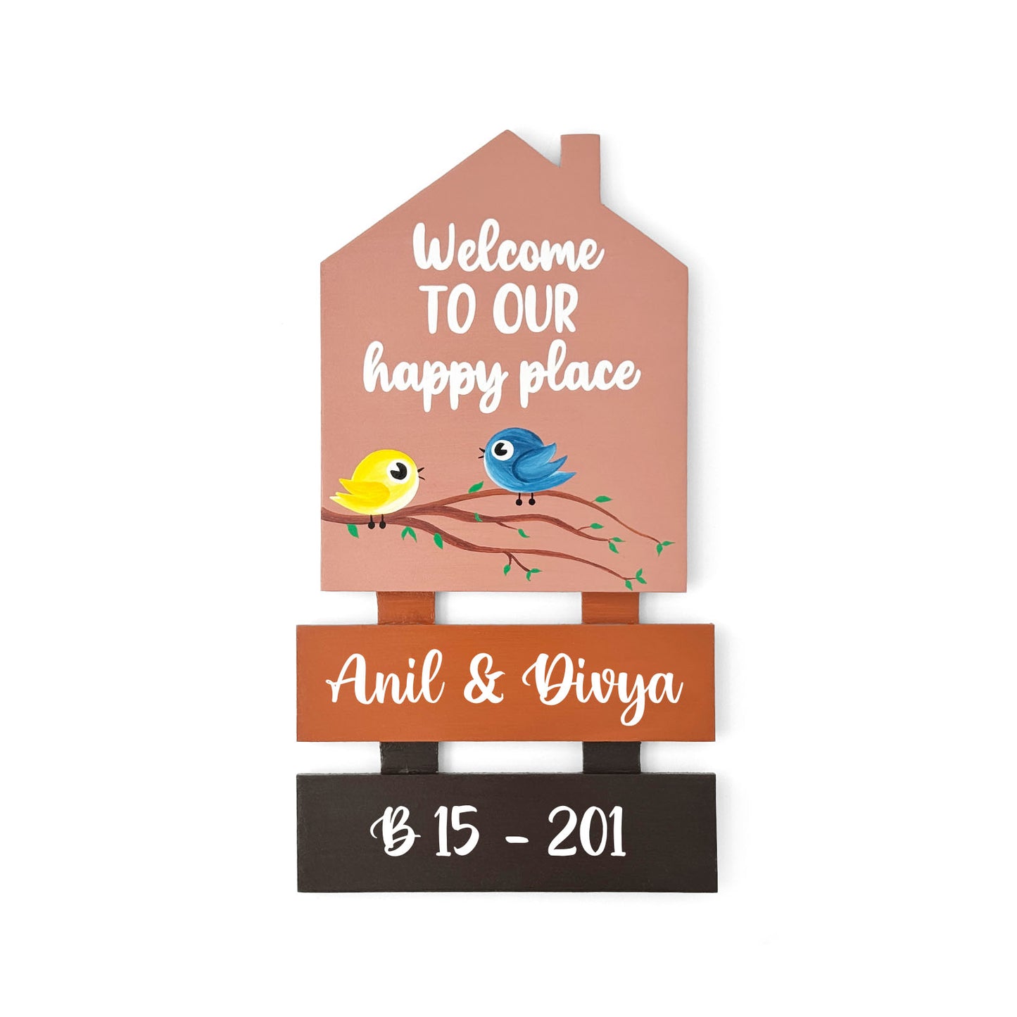 Birds Themed Hut-Shaped Hand-Painted Wooden Name Plate For Home - Hut & Two Planks