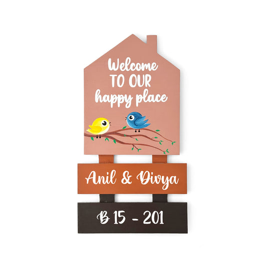 Birds Themed Hut-Shaped Hand-Painted Wooden Name Plate For Home - Hut & Two Planks
