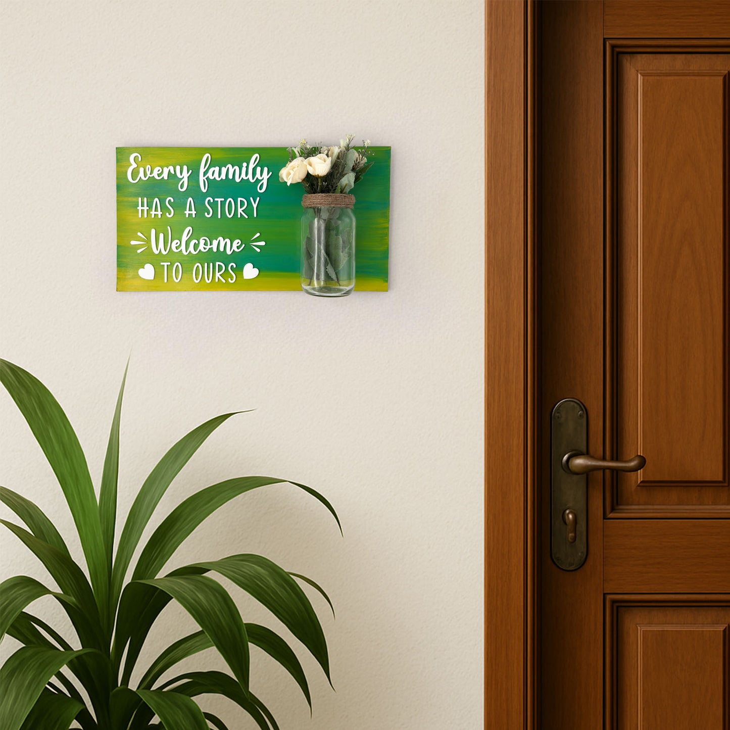Every Family Has A Story Welcome To Ours Hand-Painted Wooden Name Plate With Jar For Home - Only Jar Board