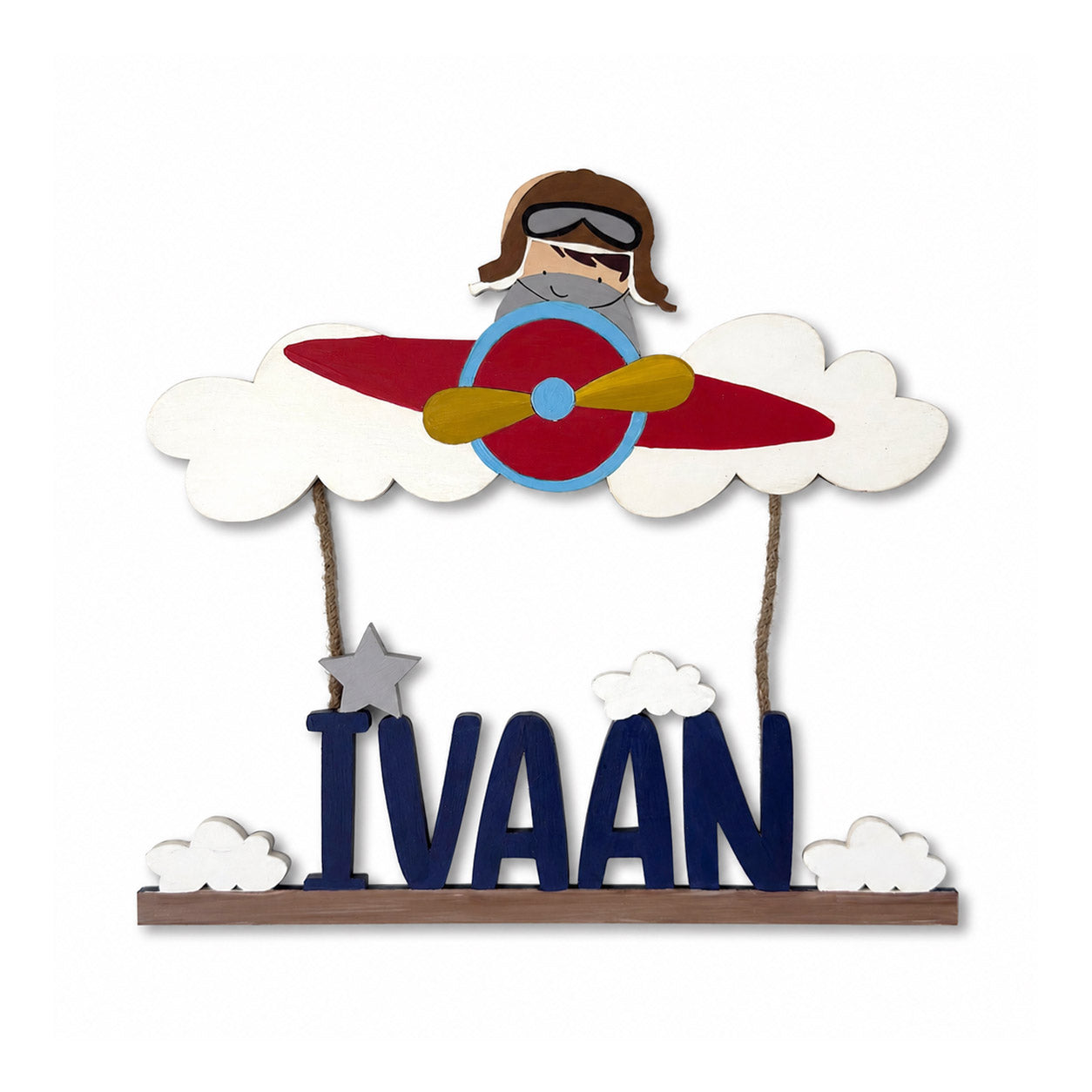 Airplane Pilot Themed Hand-Painted Wooden Kids Name Plate - Design 1