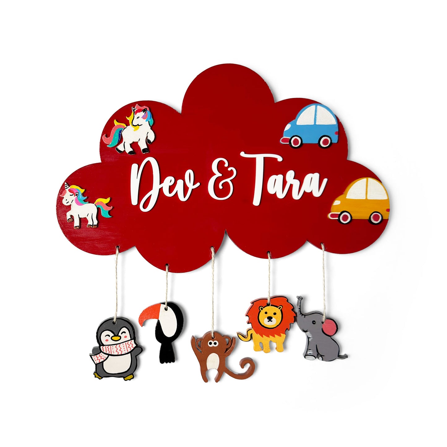 Cloud, Unicorn, Car, & Animal Themed Hand-Painted Wooden Kids Name Plate