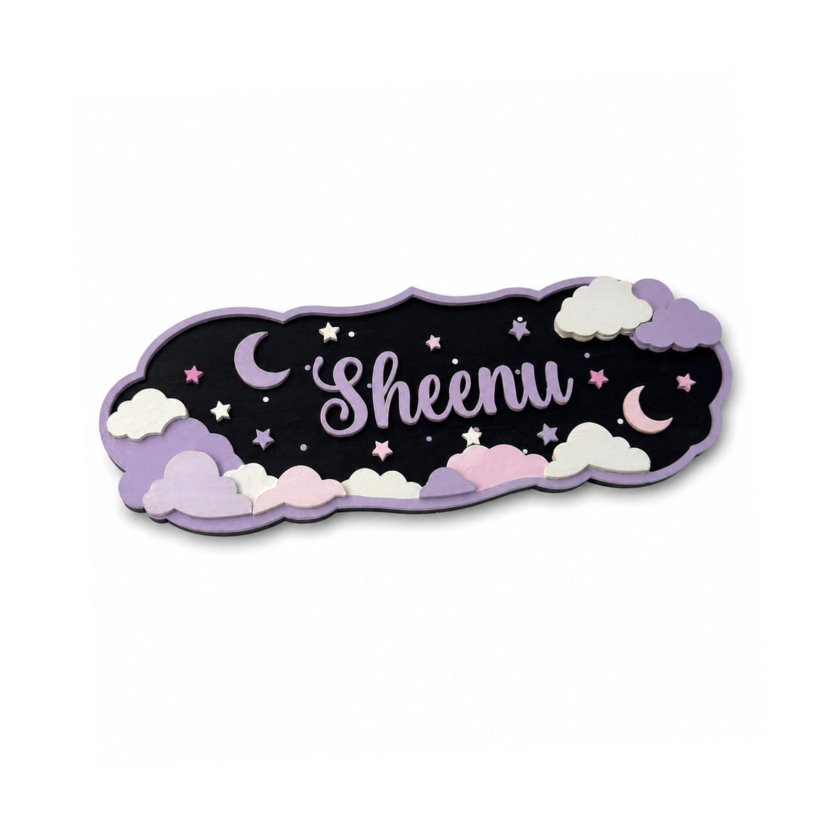 Moon, Clouds & Stars Themed Hand-Painted Wooden Kids Name Plate - Design 1