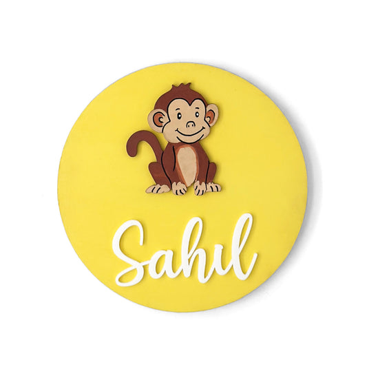 Monkey Themed Hand-Painted Wooden Name Plate For Kids
