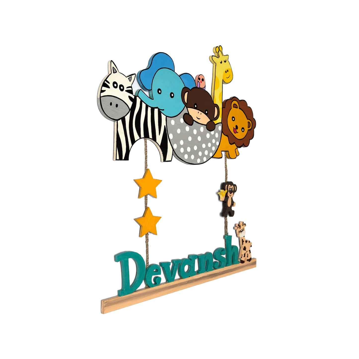 Animal Themed Hand-Painted Wooden Kids Name Plate - Design 2