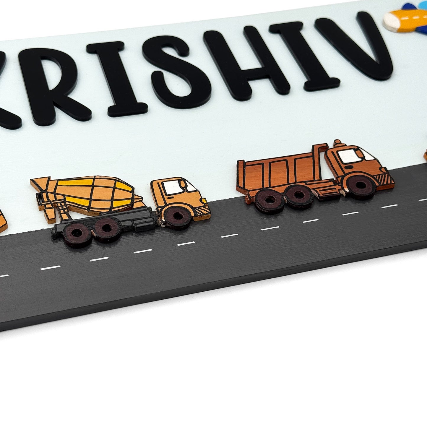 Construction Vehicles Themed Hand-Painted Wooden Kids Name Plate - Light Blue