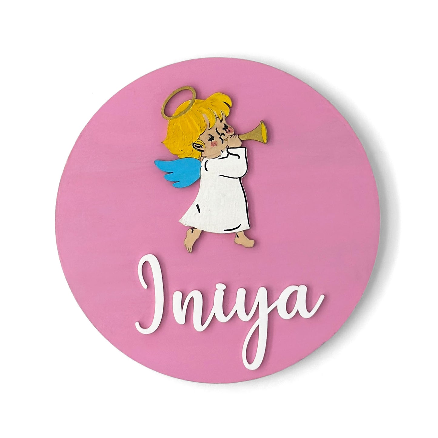 Angel Themed Hand-Painted Wooden Name Plate For Kids - Design 2