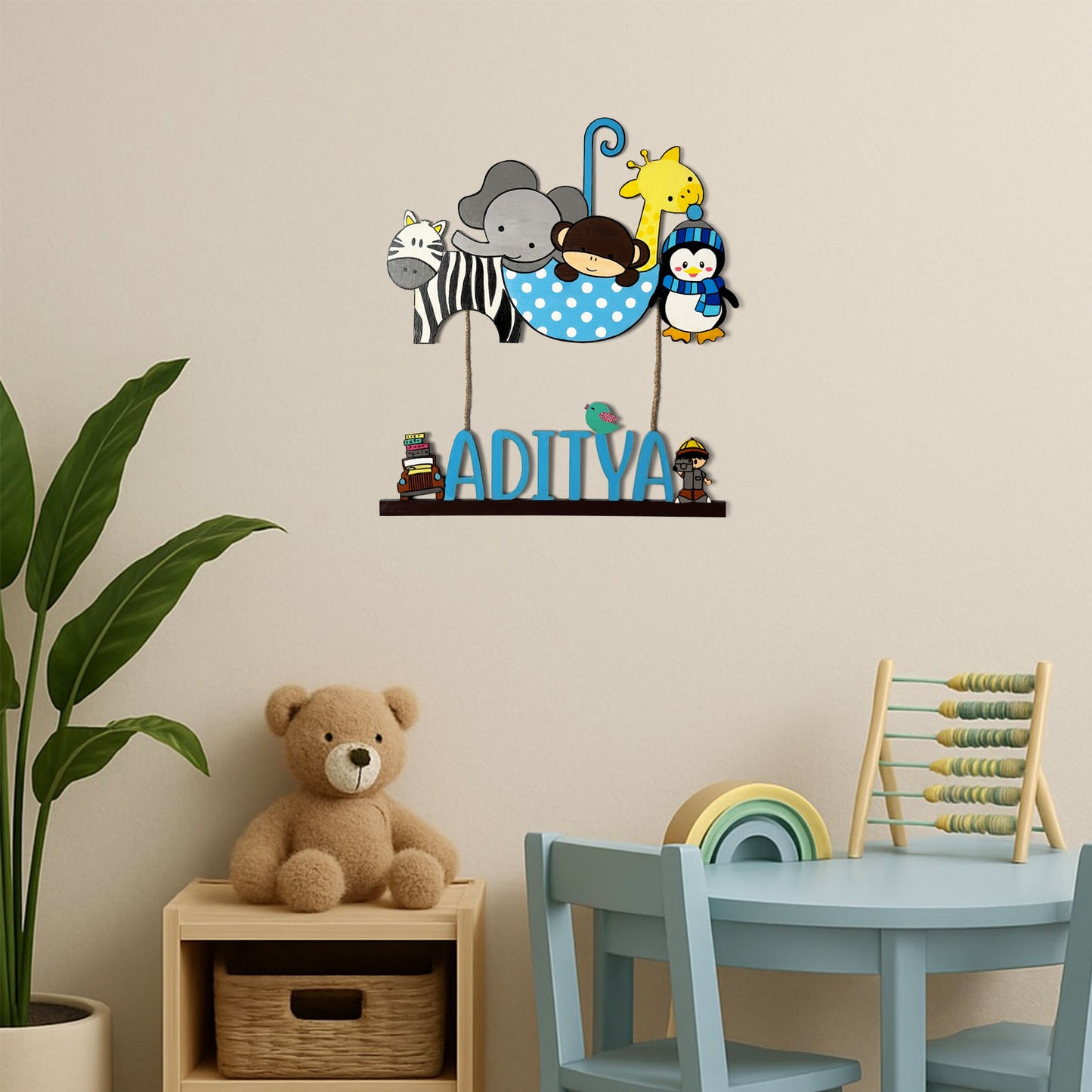 Animal Themed Hand-Painted Wooden Kids Name Plate - Design 1