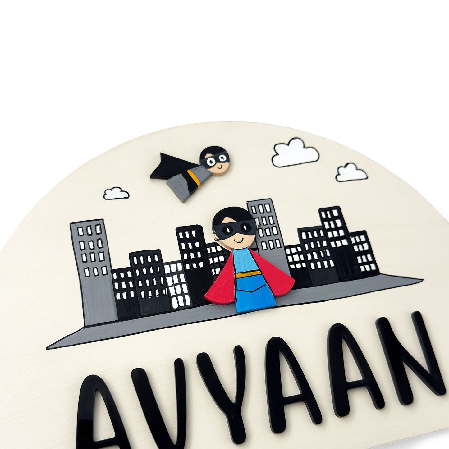 Superhero Themed Hand-Painted Wooden Arch-Shaped Kids Name Plate
