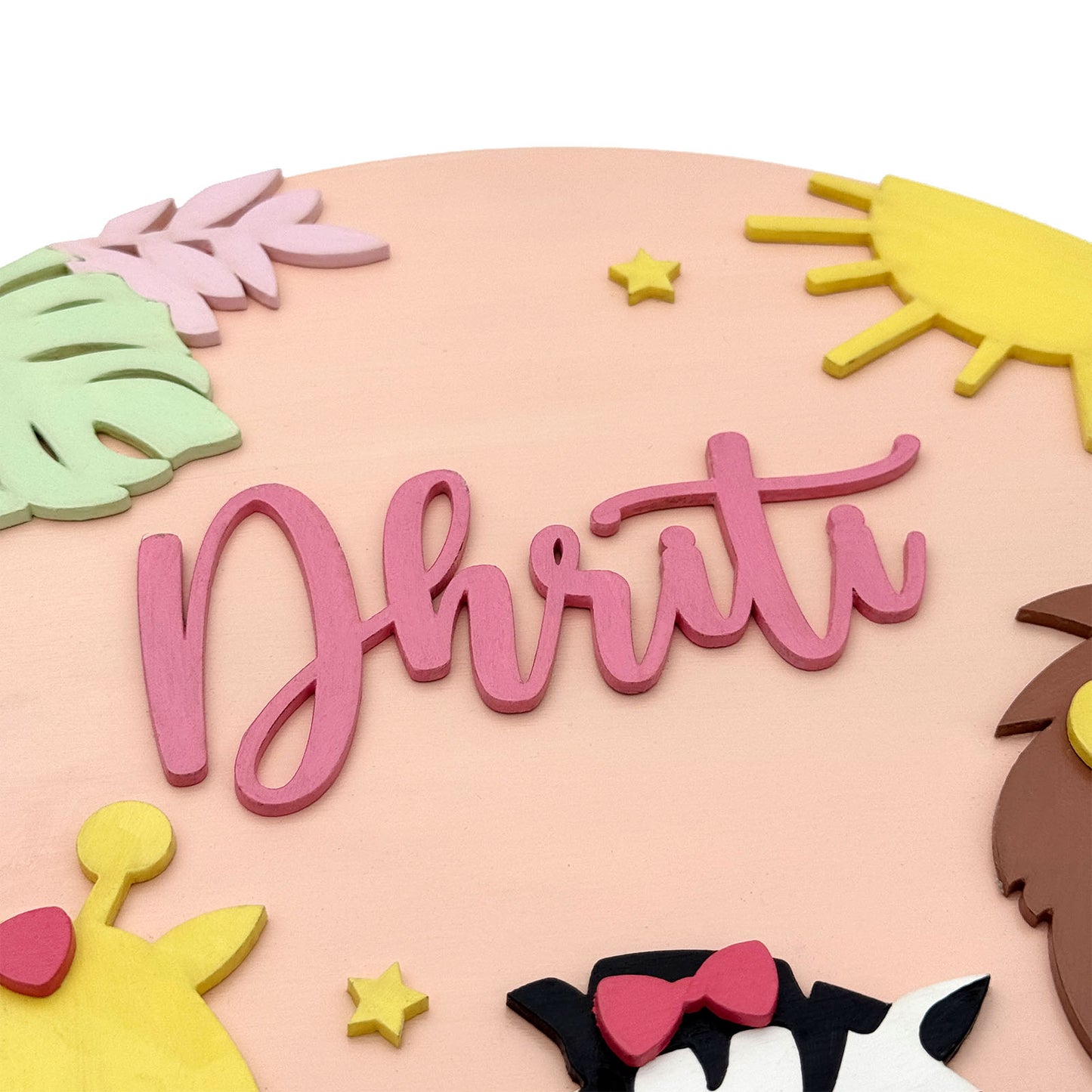 Animal Themed Hand-Painted Wooden Round Kids Name Plate - Design 1