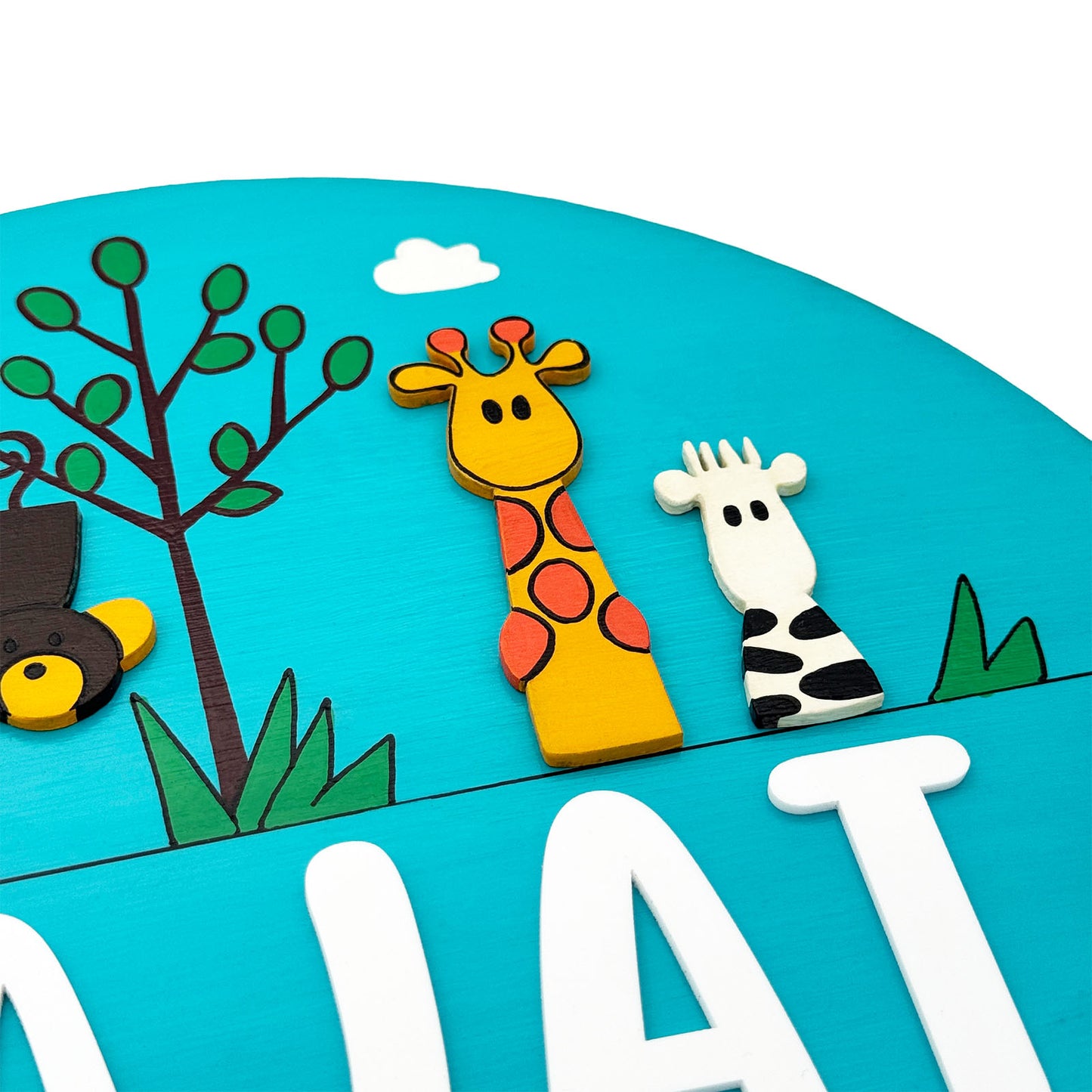 Animal Themed Hand-Painted Wooden Kids Name Plate - Blue