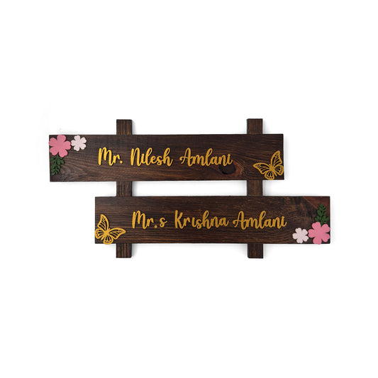 Butterfly & Flower Themed Hand-Painted Wooden Two Plank Name Plate For Home - Wooden Finish