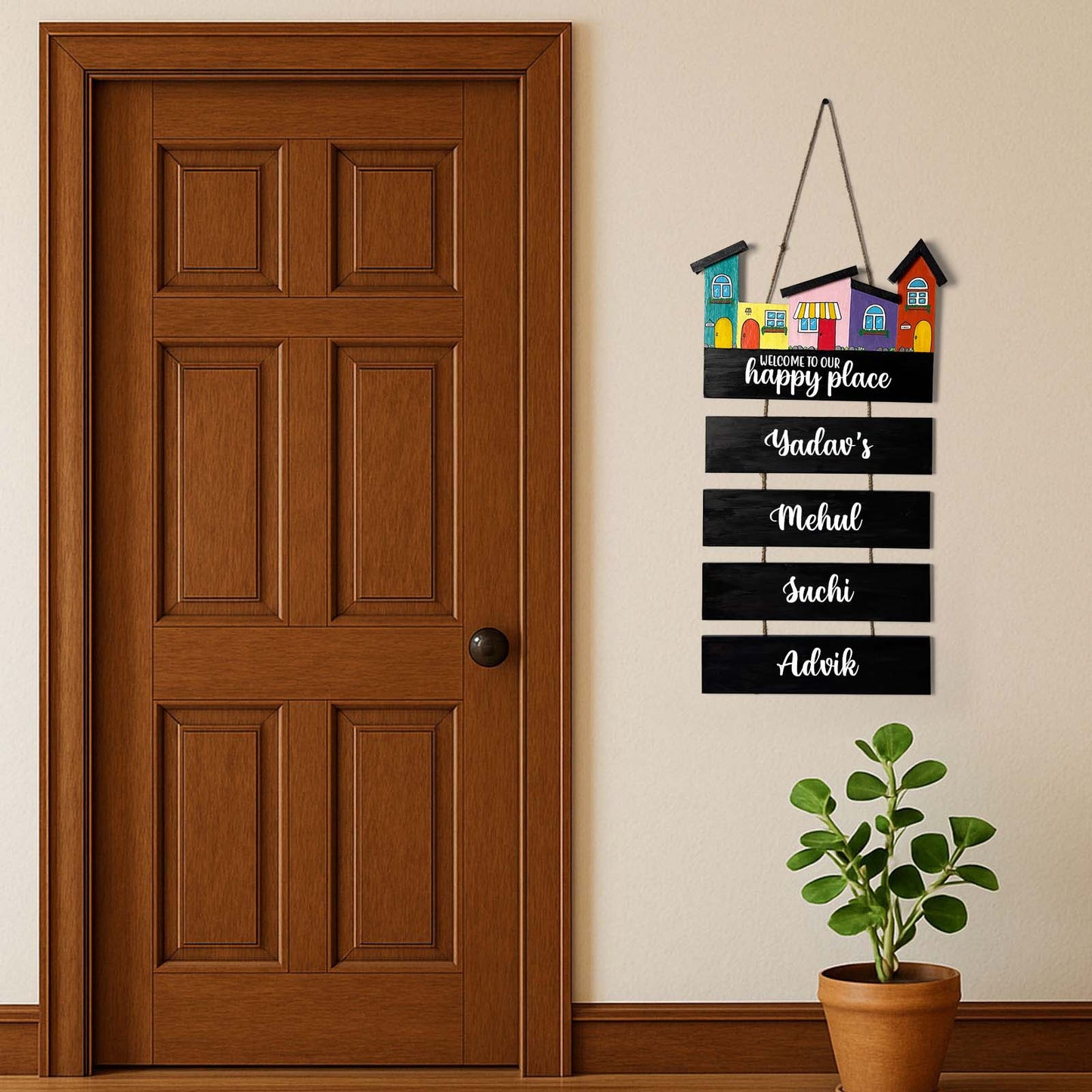 Hut-Shaped Hand-Painted Wooden Name Plate For Home - Hut Board & Four Planks Design 1