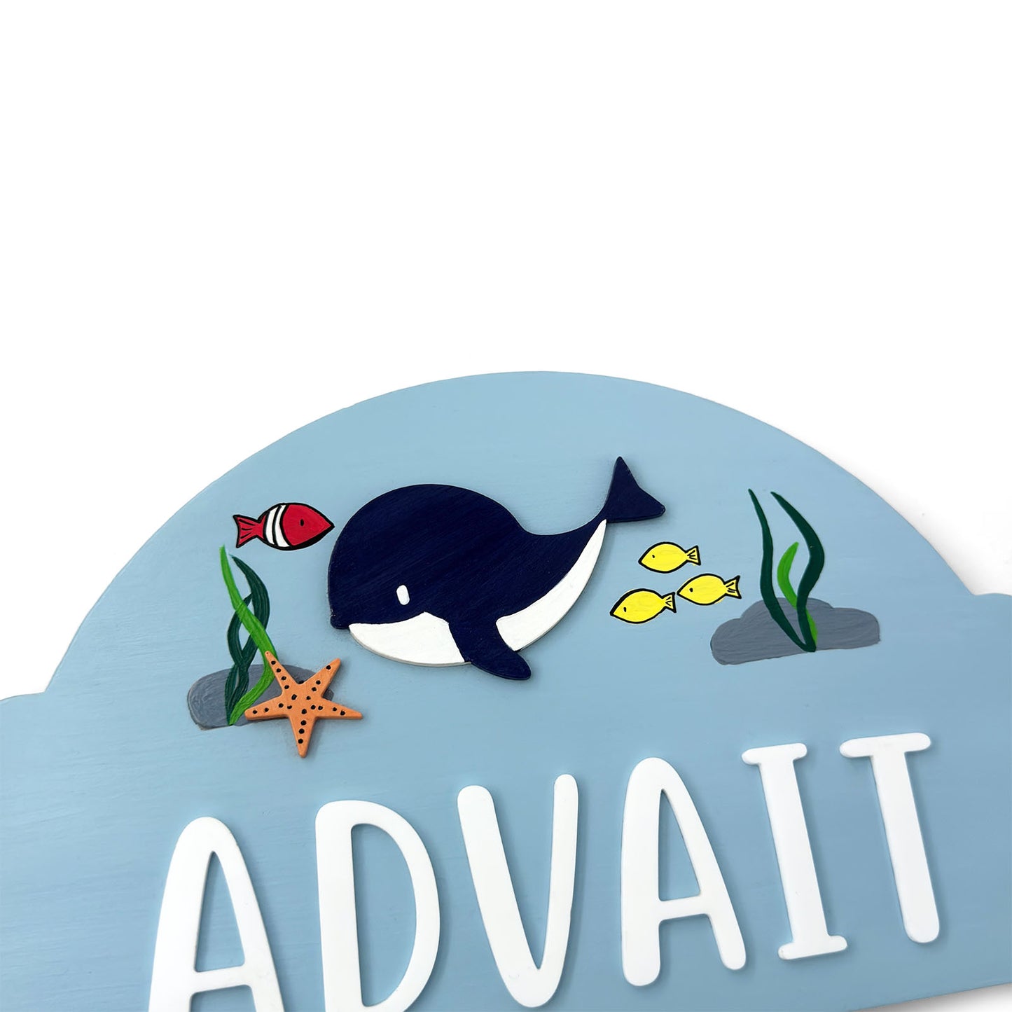 Sea Life Whale Themed Hand-Painted Wooden Arch-Shaped Kids Name Plate