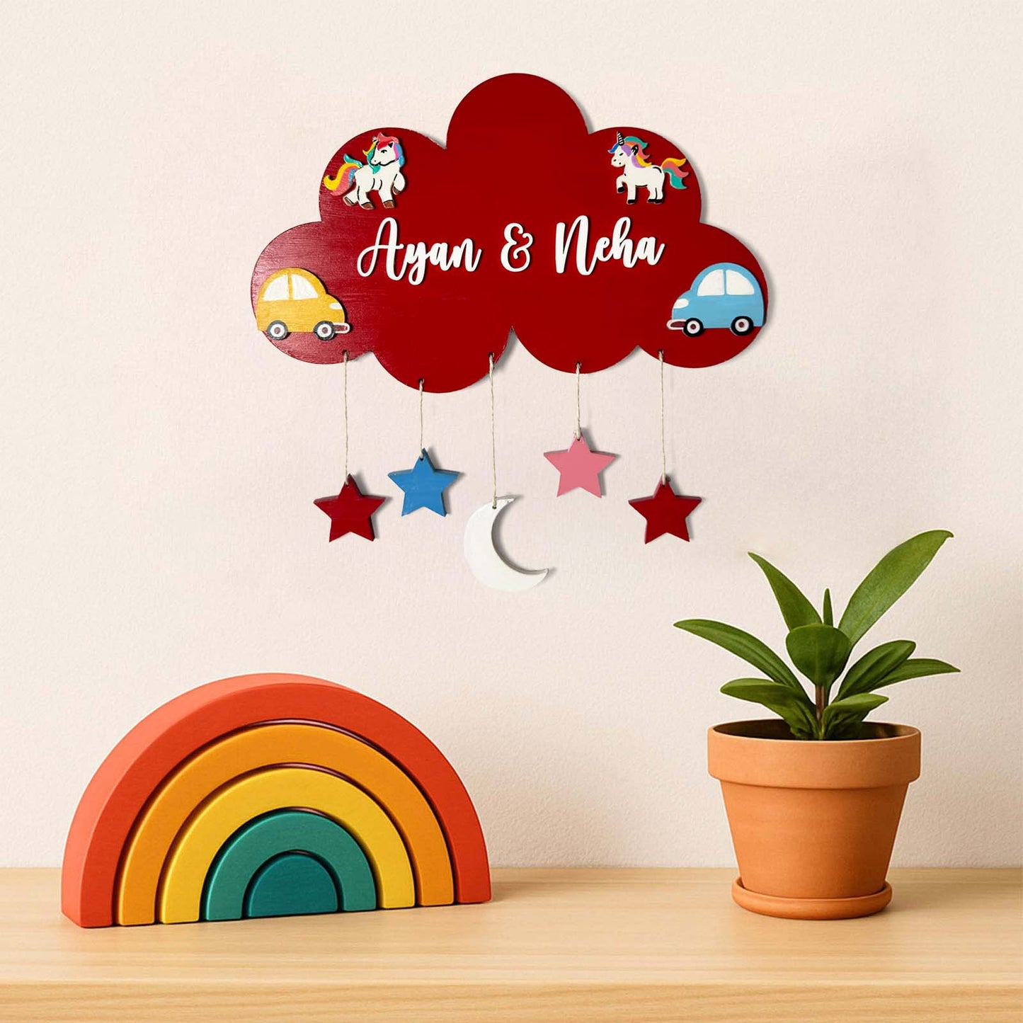 Cloud, Unicorn, & Car Themed Hand-Painted Wooden Kids Name Plate