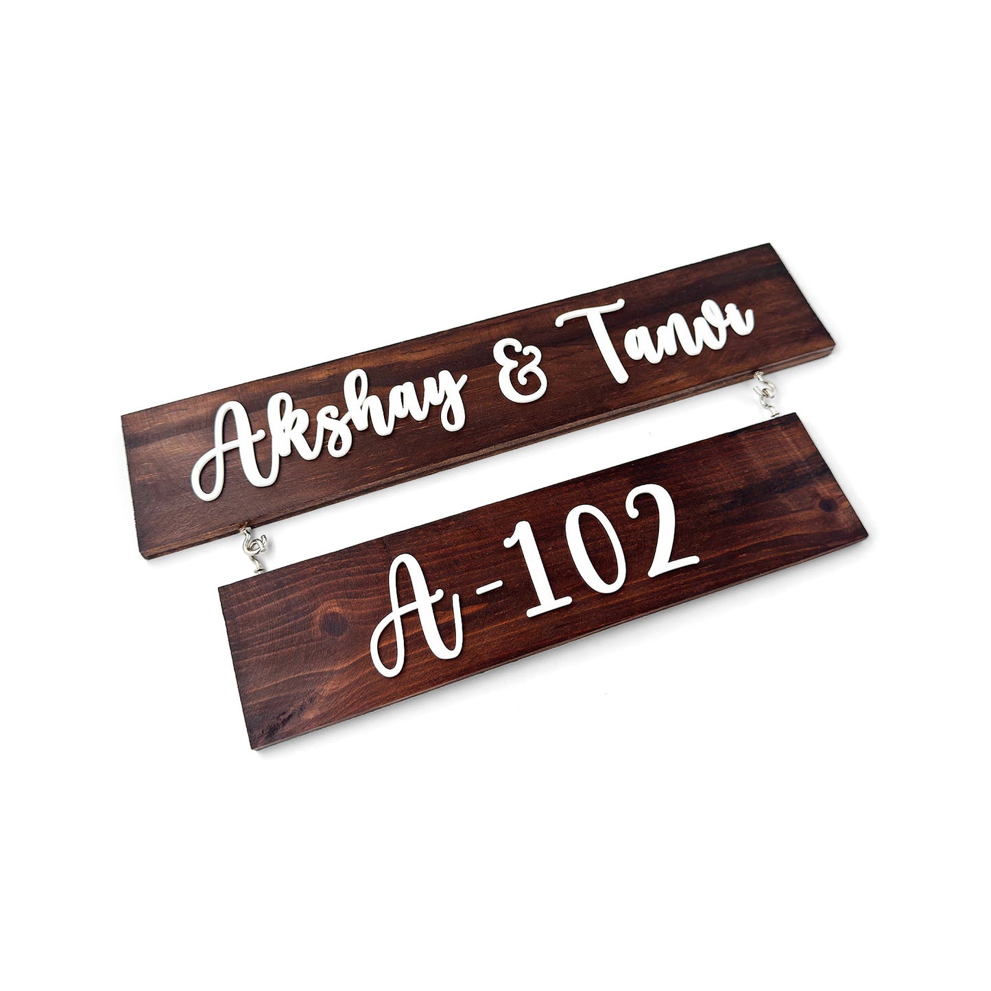 Two Plank Hand-Painted Wooden Name Plate For Home - Wooden Finish