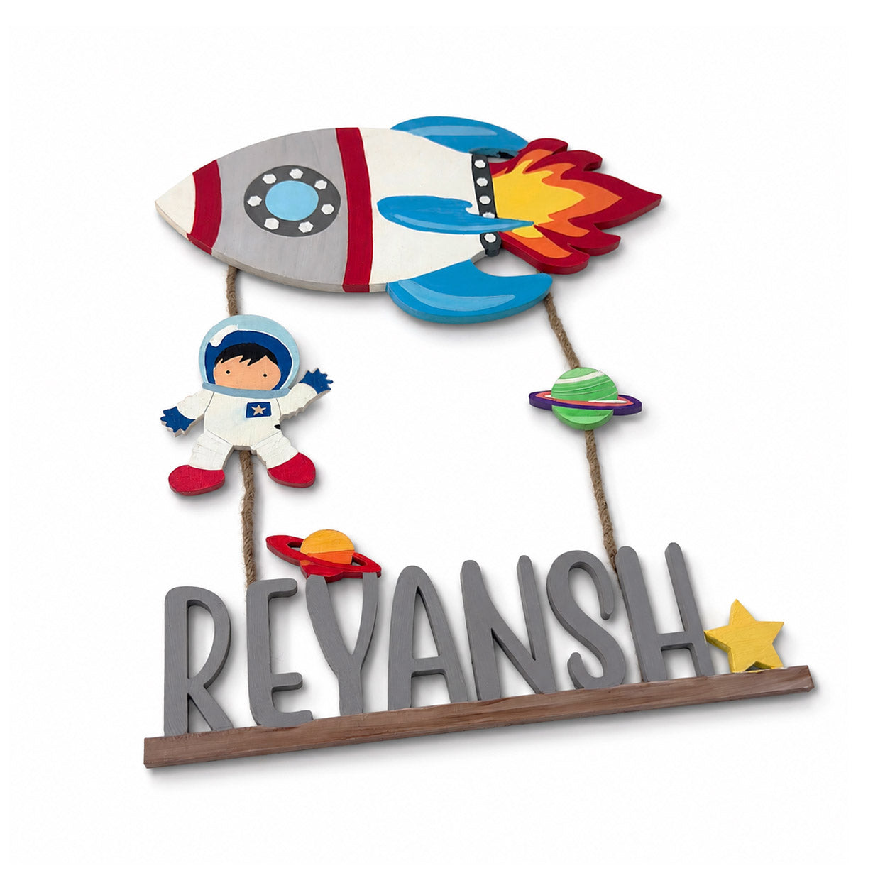 Rocket Themed Hand-Painted Wooden Kids Name Plate - Design 1