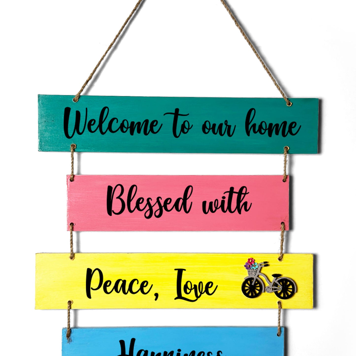 Welcome To Our Home Blessed With Peace, Love, & Happiness Hand-Painted Wooden Plank Name Plate For Home