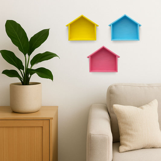 Hut Shaped Hand-Painted Wooden Wall Shelf Combo Of Three - Blue, Pink, & Yellow