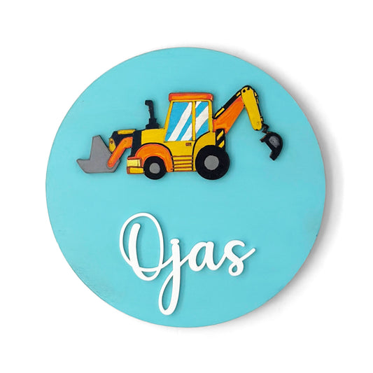 Backhoe Loader Excavator Themed Hand-Painted Wooden Name Plate For Kids