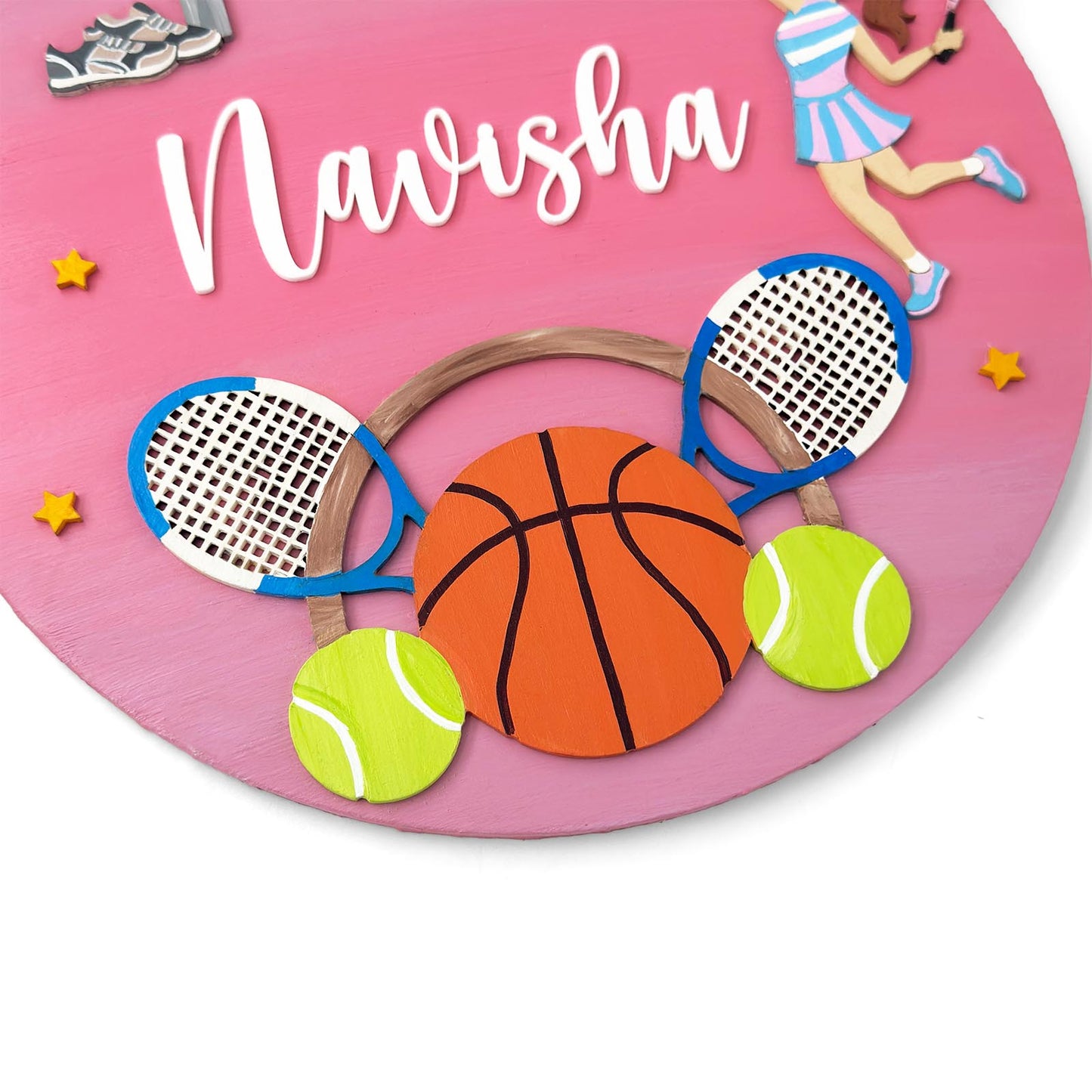 Tennis & Basketball Themed Hand-Painted Wooden Round Kids Name Plate