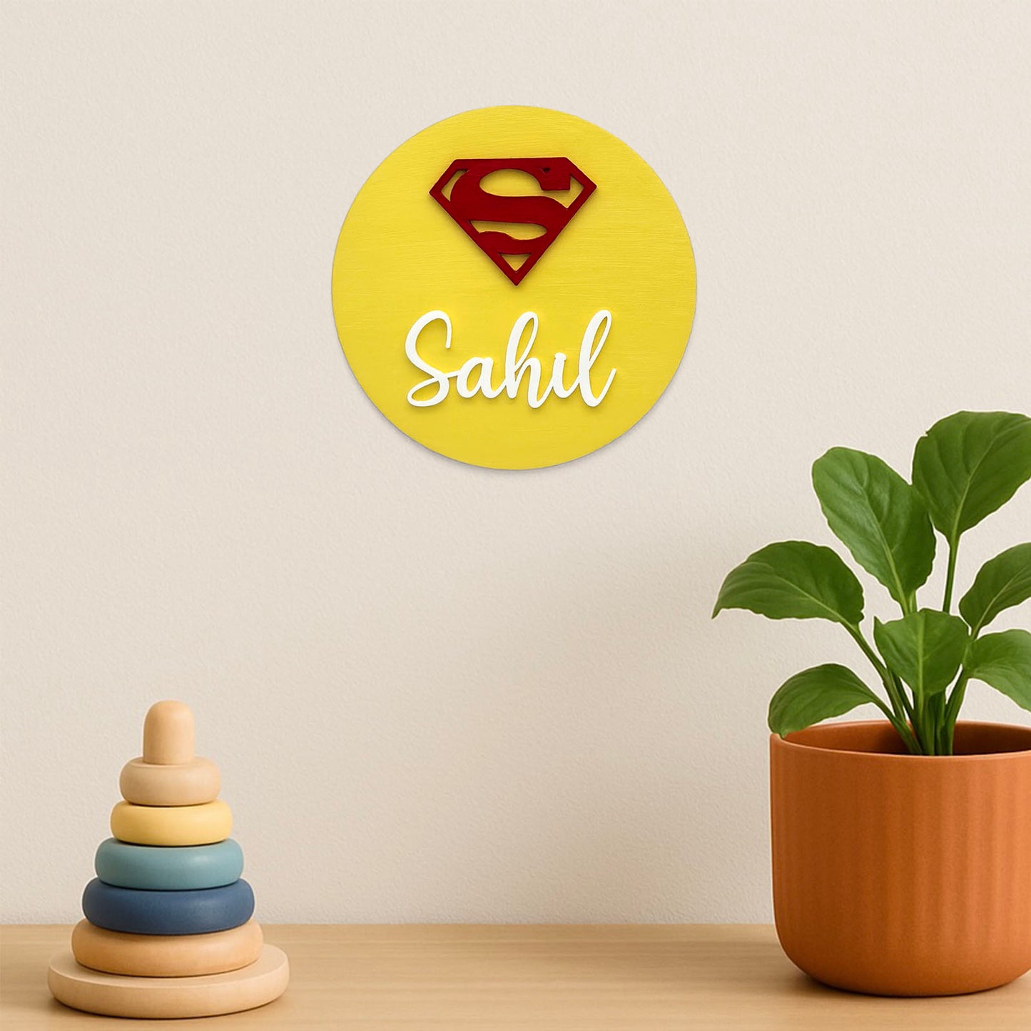 Superman Themed Hand-Painted Wooden Mini Kids Name Plate