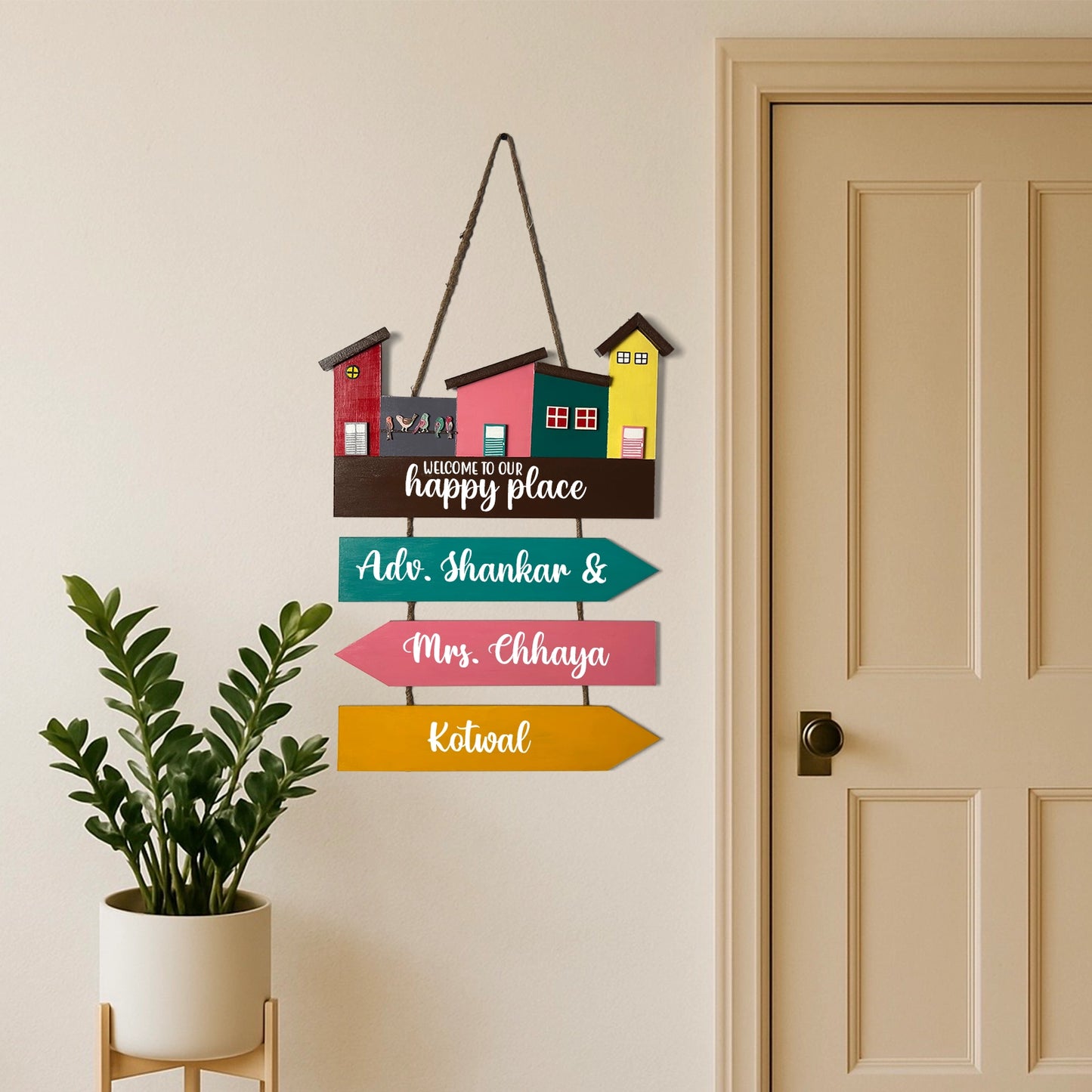 Hut-Shaped Hand-Painted Wooden Name Plate For Home - Hut Board & Three Planks Design 4